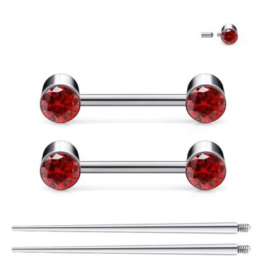 Imagem de Ruifan Piercing de mamilo com rosca interna de titânio joia redonda vermelha CZ língua anéis de piercing de barra reta para mulheres homens 14G 14 mm com cone de piercing reto