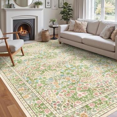 Imagem de Othilic Tapete floral lavável para sala de estar - 22 x 30,5 cm, grande, bege, verde-claro, boêmio, resistente a manchas, vintage, boêmio, tapetes macios para quarto, escritório, sala de jantar