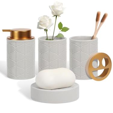 Imagem de Kukikan Conjunto De Acessórios Cerâmica Para Banheiro, 4 Peças - Inclui Dispensador Sabonete Líquido, Porta-Escovas Dentes, Bandeja Penteadeira E Copo, Organizador Decoração Moderno Com Prato, Pote