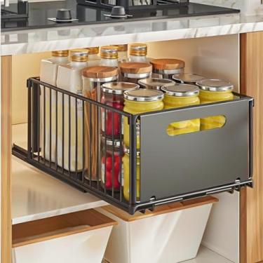 Imagem de MGMGART Organizador deslizante de armário removível 24,4 cm x 37,6 cm x 19 cm Gaveta de aço carbono resistente preta com trilhos adesivos, solução de armazenamento sem perfuração para despensa/armário