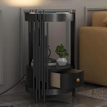 Imagem de Mesa De Cabeceira Led Inteligente Com Gavetas, Mesa Lateral Redonda De Sofá De 14 Polegadas Com Estação De Carregamento De Porta Usb, Mesa De Café Pequena, Mesa Lat, Black, Black drawers