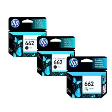 Imagem de Kit 2 Cartucho HP 662 Preto CZ103AB + 1 Cartucho HP 662 Colorido CZ104