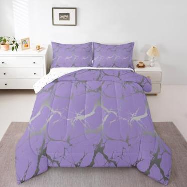 Imagem de Erosebridal Conjunto de cama de mármore, arte absurtata, tamanho casal, para crianças, meninos e meninas, conjunto de edredom prateado roxo para todas as estações, conjunto de colcha de luxo moderno