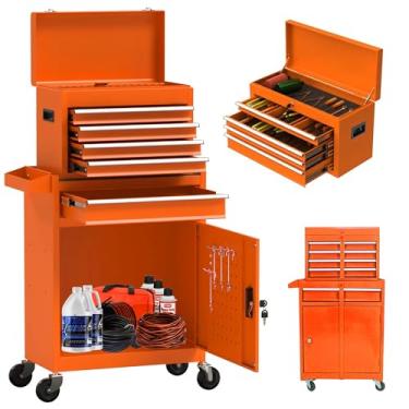 Imagem de SumKea Armário de ferramentas, baú de ferramentas com rodas, caixa de ferramentas de garagem, caixa de ferramentas com 5 gavetas e 2 armários, armário de armazenamento removível, para oficina de