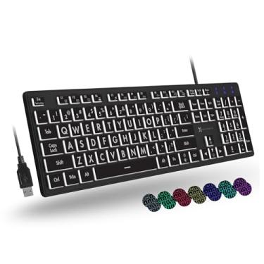 Imagem de Teclado retroiluminado X9 com impressão grande | Teclado de computador com iluminação com fio para PC, computador desktop e laptop - Fácil de ver e digitar teclas grandes iluminadas para idosos e