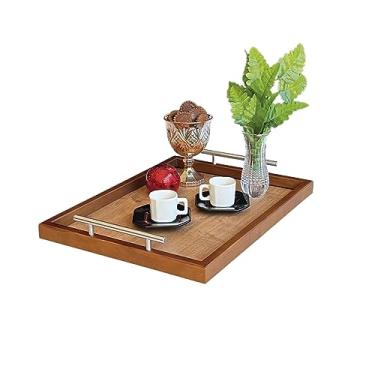 Imagem de Bandeja Decorativa Retangular Maraka com Alças em Aço Inox Escovado e Borda em Madeira Maciça 20mm, Dimensões 49x37x3cm (Borda em Madeira Fundo Madeirado)