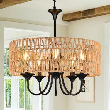 Imagem de Bagood Luminária Pendente Grande Estilo Boho Rattan Com 5 Luzes E Cúpula De Vime Trançado À Mão, 19,7" Lustre Fazenda Para Sala Jantar, Estar Cozinha