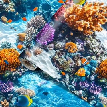 Imagem de HOMETITUTE Papel de parede oceano descasque e cole papel de parede de recife de coral papel de contato subaquático autoadesivo removível papel de parede de vinil para banheiro aquário decoração de