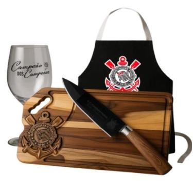 Imagem de Kit Churrasqueiro Corinthians Tabua Faca Avental Taça Corinthiano Pres