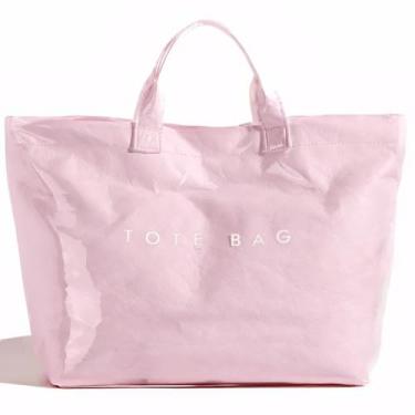 Imagem de LuxMall Sacola moderna de PVC para mulheres, sacola de papel kraft com estampa de letras grandes Hobo com alça superior, rosa, Large