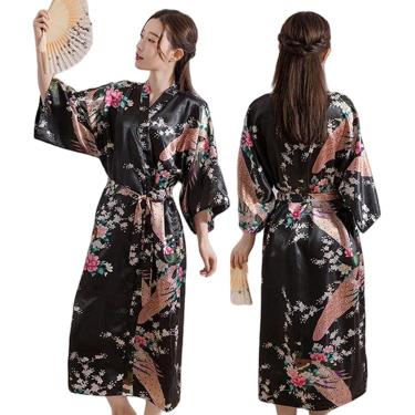 Imagem de Robe Stin Robe Mulheres Verão Camisola Lingerie Impressão Flor Pijamas Camisola V-neck Kimono Roupão De Banho Vestido Loungewear, Dark Green Flower, One Size