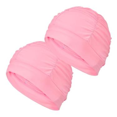 Imagem de YELARXI Touca de natação de tecido, chapéu de natação de poliéster, touca de natação elástica, adequada para mulheres e homens, cabelo longo adulto (2 peças, rosa)