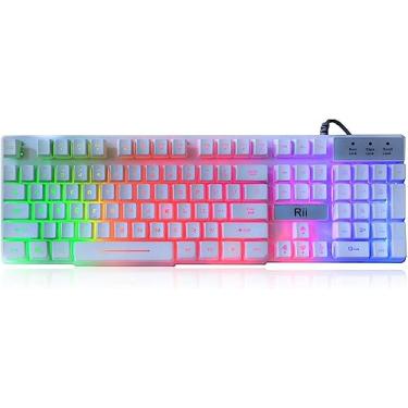 Imagem de Rii RK100+ Teclado para jogos branco, com fio USB, várias cores, arco-íris, LED, retroiluminado, tamanho grande, sensação mecânica, ultrafino, multimídia, teclado antiderrapante para jogos e trabalho