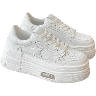 Imagem de Tênis De Plataforma Feminino De 5 Cm Respirável Com Cadarço Para Caminhada Calçados Esportivos De Salto Grosso Chunky Flats Trainers, White, 39 EU