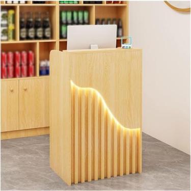 Imagem de Mesa De Recepção Pequena, Unidade De Recepção Bem-vinda, Balcão De Varejo Para Check-out, Design De Luz Ambiente Requintado E Bonito, Adequado Para Uma Variedade De Ce, Golden Wood, 60cm/23.6in