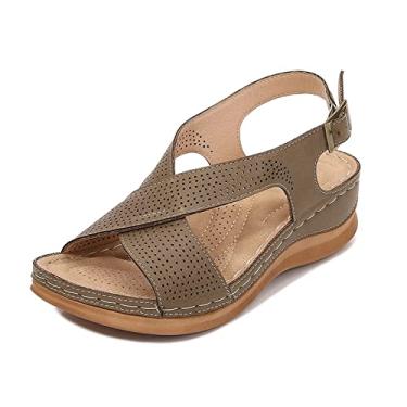 Imagem de Sandálias femininas de verão, couro PU, moda, antiderrapante, sandálias de cunha, forro confortável, dedo do pé aberto, sandálias de verão cortadas com fivela, roupas para ambientes externos(Khaki,43