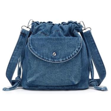 Imagem de Bolsa tiracolo feminina pequena de brim de lona com cordão, bolsa leve para telefone, Azul claro, One Size