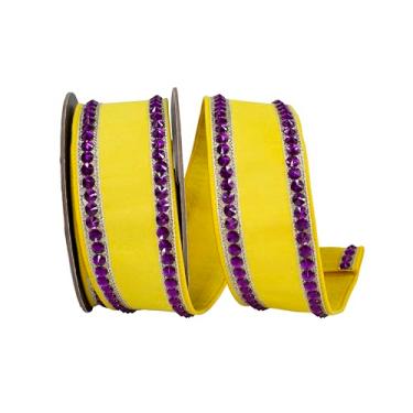 Imagem de Reliant Ribbon Fita de borda com fio Dupioni Deluxe com strass, amarelo/fúcsia