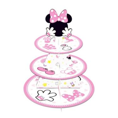 Imagem de Artigos e decorações de festa com tema Minnie, um suporte de cupcake de três camadas, um suporte de exibição para sobremesas e bolos de aniversário, adequado para decorações de aniversário de estilo