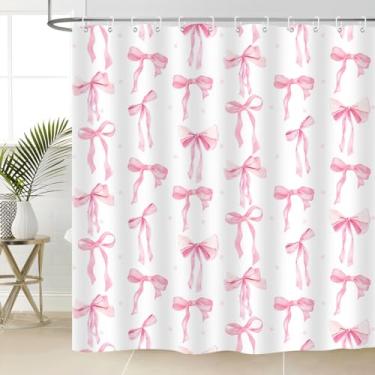 Imagem de BIYSUC Cortina de chuveiro com laço rosa moderna estética coquete feminina romântica para decoração de banheiro tecido de poliéster impermeável 182 cm C x 182 cm L com 12 peças de ganchos de plástico