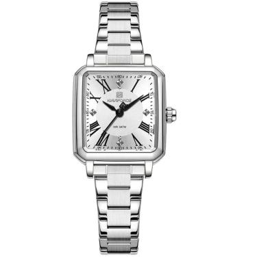 Imagem de Relógio Feminino Mostrador Quadrado Ponto De Luz Em Aço Inoxidavel Impermeavel Branco