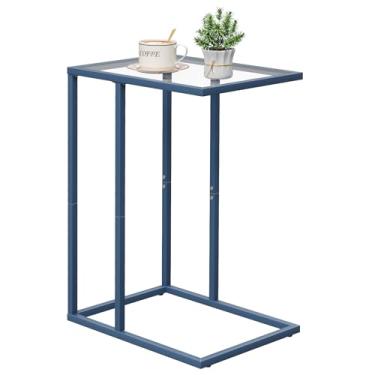 Imagem de Mesa de canto C, mesa lateral de sofá de vidro, mesa lateral de lanche de vidro temperado com moldura de metal, bandeja de TV para pequenos espaços, mesa lateral de sofá e mesa lateral de cama (azul)