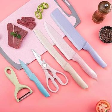 Imagem de Conjunto Jogo de Facas Coloridas 6 Peças Inox Kit Culinário Faqueiro Cozinha Churrasco Descascador Tesoura Multifuncional Gourmet Premium