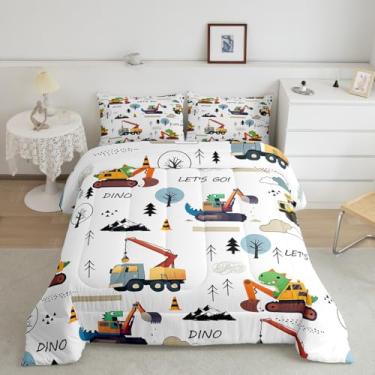 Imagem de Conjunto de cama casal, caminhão de dinossauro, para crianças, adultos, escavadeira, veículo de engenharia, conjunto de edredom para amantes de carros de construção, 3 peças, enchimento de edredom com