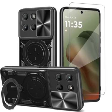 Imagem de WRTBS Capa de celular para Motorola Moto G56 5G com protetor de tela de vidro, capa de proteção para câmera deslizante embutida, capa protetora de corpo inteiro militar resistente - preta