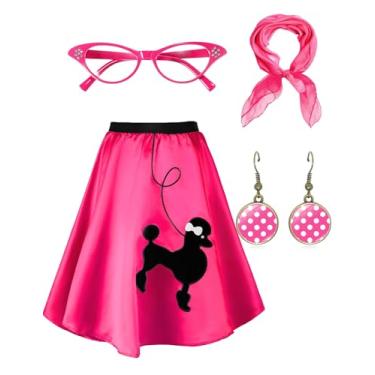 Imagem de TNNO Saias poodle femininas da década de 1950, fantasias de Halloween para adultos, 2025, com cachecol, óculos, brinco, saias, conjunto de 4 peças, 06 - rosa quente 2, X-Large