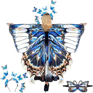Imagem de Rngmsi Fantasia de xaile de asas de borboleta - capa de asa de borboleta de fada azul e branca e preta, conjunto de máscara para mulheres, acessório de foto de cosplay diário, fantasia de festa de