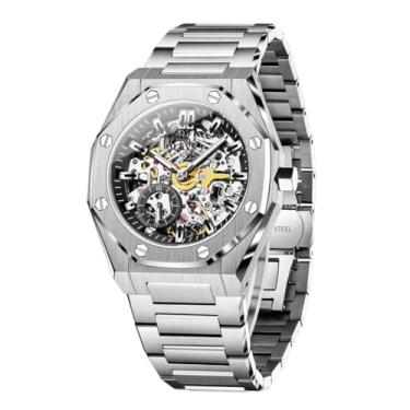 Imagem de OLEVS Relógio masculino automático com três ponteiros esqueleto polígono corda automática relógio de pulso à prova d'água luminoso aço inoxidável vestido de luxo presente, 6669: prata-preto