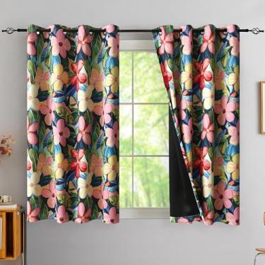 Imagem de Cortinas blecaute florais tropicais privacidade 137 cm longo bloqueio de calor, cortinas de flores rosa pastel coloridas brilhantes com amarração, cortinas de hibisco brilhante para meninas, 52Lx54L