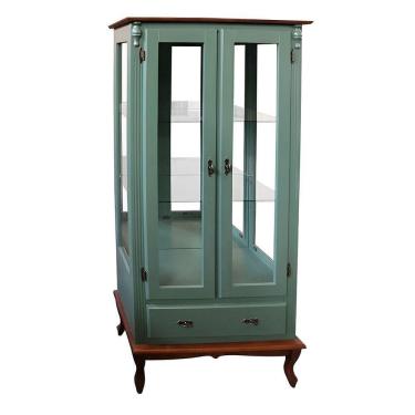 Imagem de Cristaleira Rústica De Madeira 2 Portas E 1 Gaveta - Pés Luiz Xv - Verde Kalle Laca Com Tampo E Base Imbuia Glazer