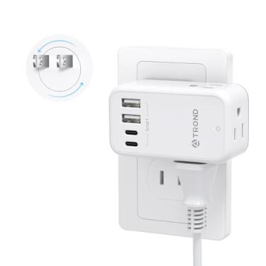 Imagem de TROND Adaptador de 3 a 2 pinos com plugue giratório de 360°, extensor de saída de 2 pinos com 3 portas AC e 4 portas USB, adaptador de plugue dos EUA para Japão, divisor de tomada de parede para