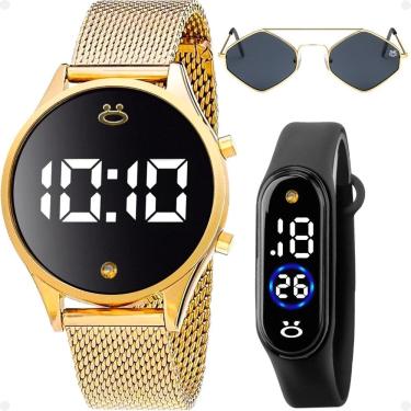 Imagem de Relógio Feminino Digital Dourado Social Luxo + Bracelete Digital Preto + Óculos Sol Proteção Uv Barato