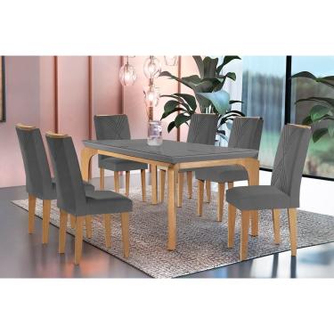 Imagem de Conjunto: Mesa de Cozinha Londrina c/ Tampo Madeirado c/ Vidro Canto Curvo 180x90cm e 6 cadeiras Amsterdã Imbuia/Grafite - Suede Grafite - Rufato