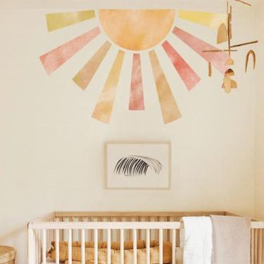 Imagem de Decalques de parede astrkiz em tecido grande em aquarela Boho Half Sun