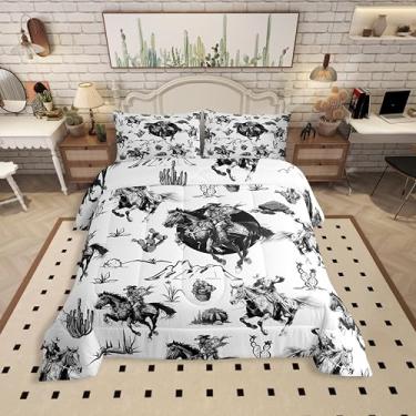 Imagem de Jogo de cama solteiro, estilo caubói, cavalo, vintage, com estampa de cacto do deserto, preto e branco, com 1 edredom e 2 fronhas