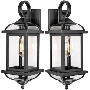 Imagem de Roravilila Pacote com 2 lâmpadas pretas para varanda de 45,7 cm, luminárias externas de alumínio antiferrugem com lanternas externas de parede de vidro transparente para casa, luzes de parede à prova
