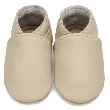 Imagem de Aijoviko Botas de couro genuíno para bebês, sola macia, sapatos de caminhada flexíveis e respiráveis para primeiros andadores, meninos e meninas, Bege, 12-18 Months Toddler