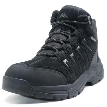 Imagem de OUTJET Bota masculina impermeável de couro leve e confortável cano médio para caminhada ao ar livre, Preto escuro, 44