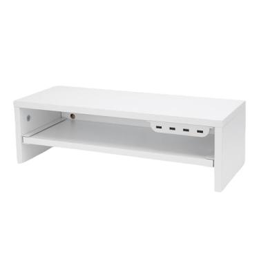 Imagem de Asixxsix Monitor Stand Riser com gavetas, Organizador De Desktop De Madeira De Pneu 2 Com 4 Portas Hub USB e 2 Tomadas AC, Elevação 15cm, 200lbs carga Prateleira do computador (Branco)
