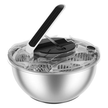 Imagem de LCZNXJJY Spinner de salada de aço inoxidável com tampa de tigela de vidro, secador giratório de alface prensado à mão com bacia e cesta de drenagem, lavadora antiderrapante para secadora de frutas e