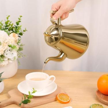 Imagem de DJAPWPX Bule de chá de aço inoxidável, 2L, chaleira de grande capacidade com filtro removível, panela ergonômica de água para fogões de indução a gás (ouro)