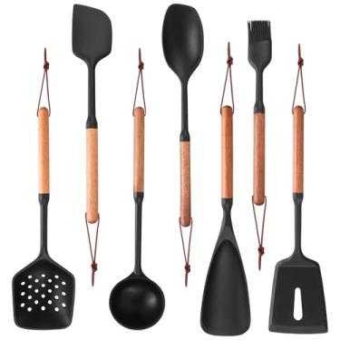 Imagem de Conjunto de 7 utensílios de cozinha de silicone, conjunto de espátulas de utensílios de cozinha com cabo de madeira, utensílios de servir ergonômicos e confortáveis, acessórios de utensílios de