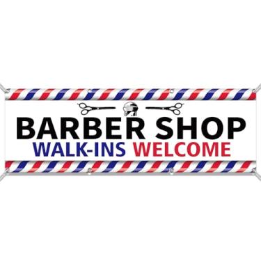 Imagem de Hillsuren Faixa de boas-vindas da Barber Shop Walk Ins de 6 pés com 8 ilhós de metal, placa de barbearia, vermelho, branco, azul, listrado, tecido urdidura para eventos de negócios, ambientes internos