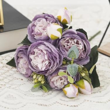 Imagem de Flores artificiais de peônia de seda, buquê de rosas, decoração de Natal para casa, arranjos florais falsos para casamento, jardim, guirlanda para festa, acessórios faça você mesmo (roxo claro)