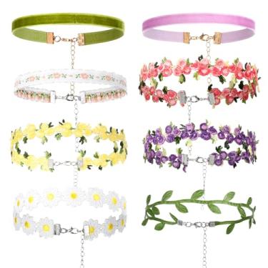 Imagem de Heclia 8 gargantilhas para mulheres e meninas, gargantilha de veludo de renda preta, gargantilha clássica gótica punk margarida, colar de renda floral boêmio ajustável, pingente de folha, corrente