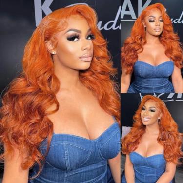Imagem de Dochuman Peruca de Renda Frontal, Cabelo Humano, Ruiva e Laranja, Ondulado, Onda Corporal, 13X6, Densidade 180
